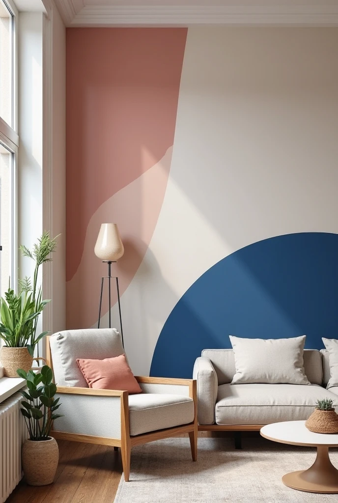 A modern, inviting living room with one striking accent wall painted in a bold, stylish color such as dusty rose and cobalt blue. The accent wall features a playful geometric or abstract color-blocking pattern that gives the room a creative, DIY vibe. The surrounding walls are light and neutral—think warm ivory or soft greige—to balance the intensity of the accent color. Include modern furniture with clean lines, a comfy armchair, indoor greenery, and soft natural lighting. The room should feel fresh, artistic, and full of personality. Medium: photo-realistic.