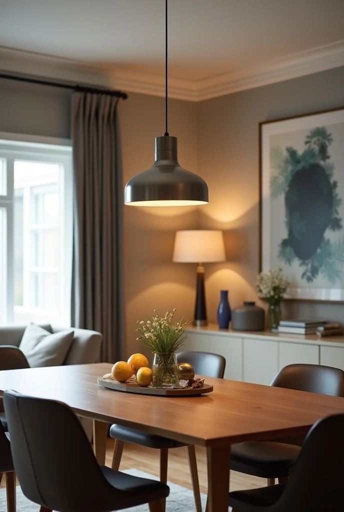 A stylish, modern interior (dining room) showcasing a dramatic lighting transformation. The image focuses on a freshly updated light fixture—a sleek modern pendant light—suspended above a table. The new fixture should feature elegant materials like brushed metal, casting warm, ambient light. The space around it should be tastefully furnished, highlighting how one lighting change can redefine the entire room. Medium: photo-realistic.