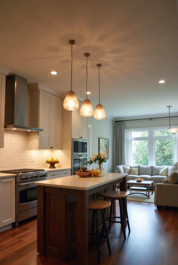 A stylish, modern interior (kitchen) showcasing a dramatic lighting transformation. The image focuses on a freshly updated light fixture—either a sleek modern pendant light—suspended above a table or seating area. The new fixture should feature elegant materials like colored glass, casting warm, ambient light. The space around it should be tastefully furnished, highlighting how one lighting change can redefine the entire room. Medium: photo-realistic.