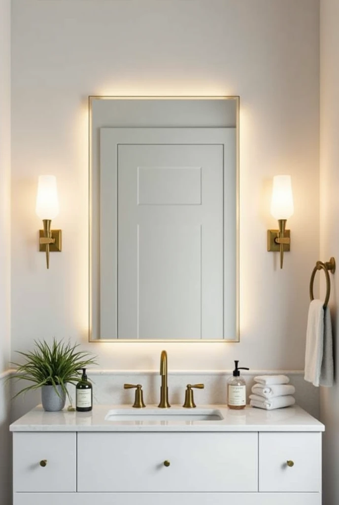 A chic, modern bathroom showcasing an elegant lighting upgrade with new wall sconces. The image should highlight the contemporary setup with stylish, minimalistic wall sconces mounted on either side of a mirror. The sconces should feature clean lines, brushed gold finishes, and soft, warm light that gently illuminates the space. The bathroom decor should feel fresh, with neutral tones, modern vanity, and subtle decor details like fresh towels. The change in lighting should instantly elevate the ambiance, creating a spa-like, sophisticated atmosphere.