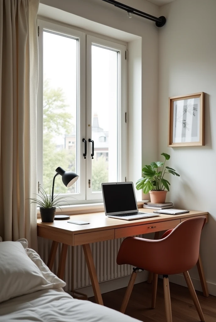 A cozy, minimalist home office setup in a small apartment. The workspace is tucked into an unused bedroom nook near a large window, bathed in natural light. The desk is sleek and compact with a modern aesthetic, featuring a laptop, a small potted plant, and a stylish desk lamp. The surrounding decor is simple and calming, with neutral tones and soft textures. The environment is quiet, organized, and designed for focus, with limited distractions and a peaceful atmosphere. Emphasis on efficient use of space and natural light