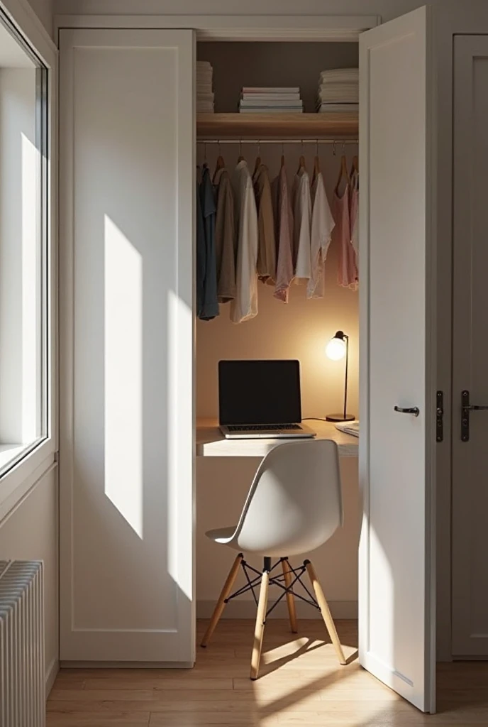 A small but efficient home office setup inside a closet room in a modern apartment. The closet doors are open or removed, revealing a clean, minimalist desk setup with a laptop, a compact desk lamp, and a few neatly organized notebooks. Soft natural light streams in from a nearby window, illuminating the workspace. The interior of the closet is painted in light, neutral tones to enhance the sense of space. Shelves above the desk hold clothes, while the overall setup feels quiet, focused, and thoughtfully designed to minimize distractions and maximize motivation.
