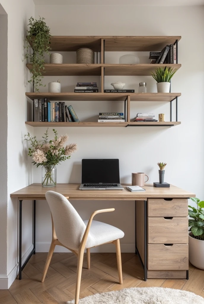 A stylish small home office setup in a modern apartment, featuring multi-functional and space-saving furniture. The workspace includes a minimalist desk paired with floating shelves mounted above for efficient vertical storage. The shelves hold books, office supplies, and small decorative items, helping to keep the desk surface clutter-free. The overall design emphasizes clean lines, neutral tones, and smart organization. The space feels open and airy despite its compact size, showcasing a perfect blend of practicality and style for apartment living.