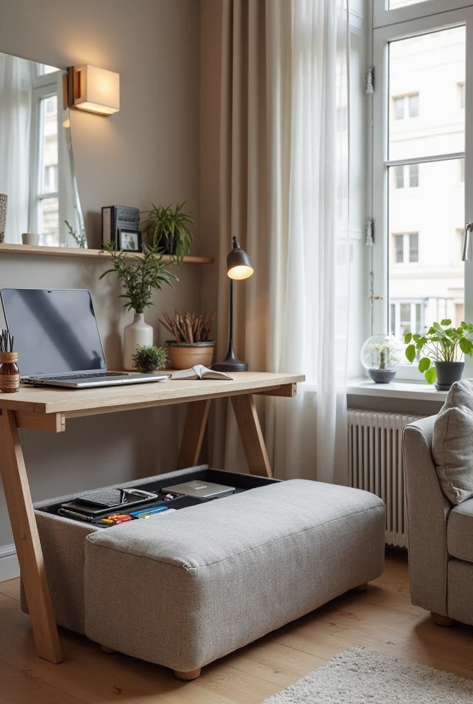 A compact and stylish small home office setup in a modern apartment, featuring multi-functional, space-saving furniture. The workspace includes a sleek desk paired with an upholstered ottoman that doubles as seating and hidden storage. The ottoman is open or partially open to reveal neatly organized office supplies inside. The surrounding area is tidy and well-organized, emphasizing minimalism and efficiency. Natural light filters into the space, highlighting the clever use of furniture that blends functionality with aesthetic appeal.