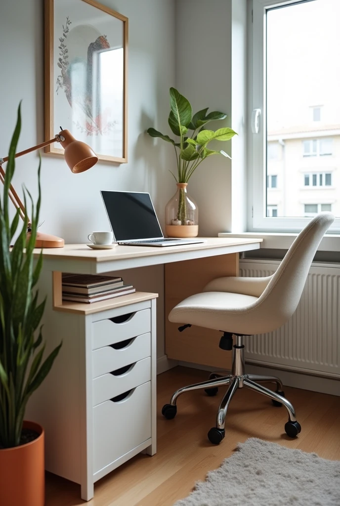 A modern small home office setup in a compact apartment, featuring multi-functional, space-saving furniture. The centerpiece is a compact desk with built-in storage, including drawers seamlessly integrated into the design. The desk holds a laptop, a small desk and a lamp, with storage compartments keeping clutter out of sight. The space is bright, organized, and efficiently designed for productivity, with natural light streaming in from a nearby window. The overall aesthetic is clean and modern, ideal for small apartment living where every inch counts