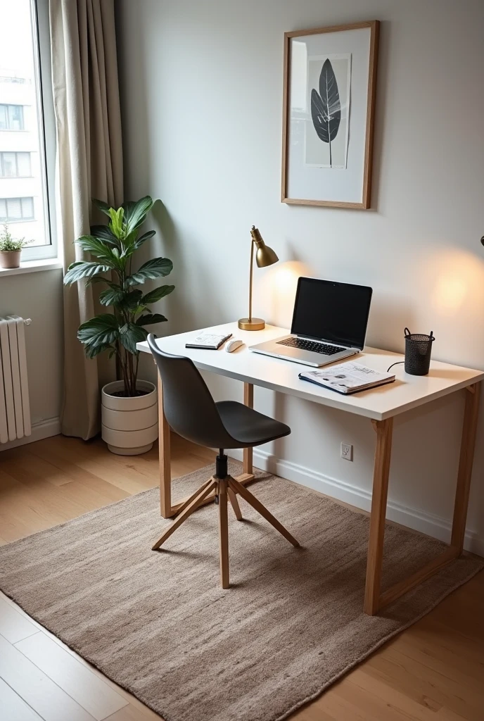A small home office setup in a modern apartment, visually separated from the rest of the living space using a stylish area rug. The rug defines the office zone, placed beneath a minimalist desk and chair, creating a distinct and dedicated workspace. The setup includes a laptop, a desk lamp, and a few organized notebooks, all surrounded by a clean and clutter-free environment. Soft natural light illuminates the area, enhancing the sense of focus and separation. The contrast between the rug and surrounding floor subtly divides the space, promoting work-life balance in a remote work setting.