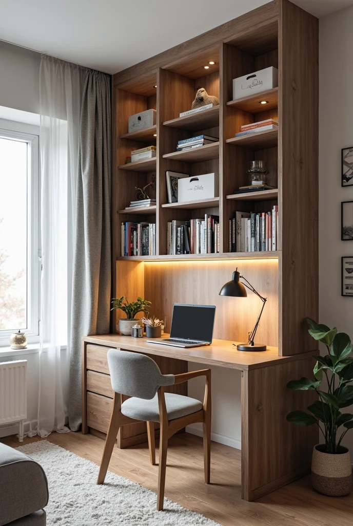 A small home office setup in a modern apartment, visually separated from the living space by a tall bookshelf used as a room divider. The bookshelf is filled with books and storage boxes, creating both storage and a distinct boundary for the workspace. The desk area includes a minimalist desk with a laptop, a comfortable chair, and a desk lamp. Natural light brightens the space, enhancing a calm and focused atmosphere. The arrangement promotes work-life balance by clearly defining the office zone within a small living area