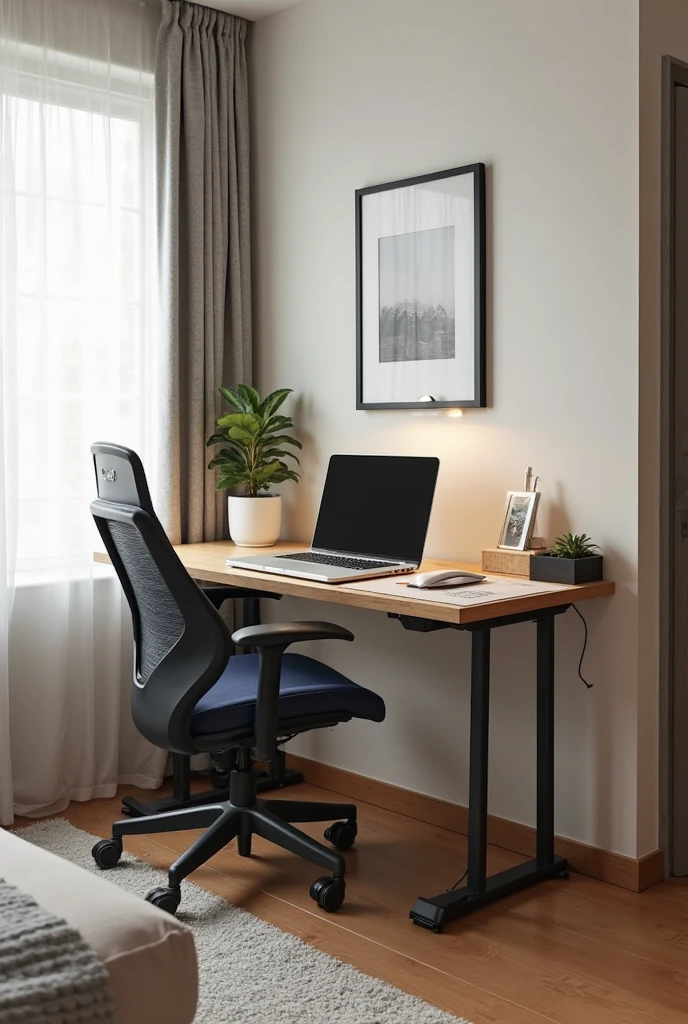 A small but thoughtfully designed home office setup in a modern apartment, prioritizing comfort and ergonomics. The workspace features a compact desk with a laptop on a standing desk converter. A supportive ergonomic chair is positioned in front of the desk. Additional ergonomic accessories like a footrest and wrist support are included, enhancing comfort for long work hours. The space is tidy and well-lit with natural light, tucked into a quiet corner, showing that even small areas can support healthy, productive remote work