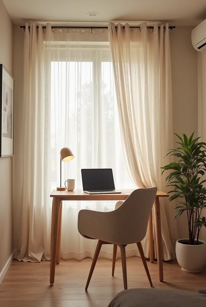 A cozy small home office setup in a modern apartment, visually separated from the rest of the room by a soft, flowing curtain acting as a room divider. The workspace features a minimalist desk with a laptop, a comfortable chair, and a small desk lamp. The curtain is light-colored, semi-transparent, and gently draped to create a distinct, private office zone. Natural light filters through, adding warmth and calm to the space. The overall atmosphere feels peaceful and focused, promoting work-life balance in a remote work environment.