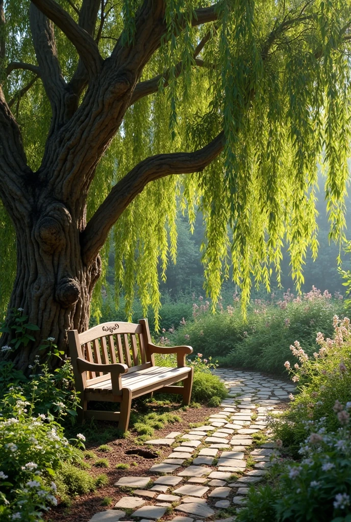 A fairytale garden with a hidden, peaceful retreat tucked away beneath the graceful canopy of a weeping willow tree. A cozy wooden bench sits quietly in the shade, partially hidden by surrounding greenery and softly swaying branches. The area is serene and secluded, with dappled light filtering through the willow’s leaves, creating gentle patterns on the ground. Wildflowers, ferns, and moss surround the bench, adding to the natural, untouched beauty of the space. The atmosphere is calm and dreamlike—perfect for reading, quiet reflection, or simply enjoying the garden’s magic.