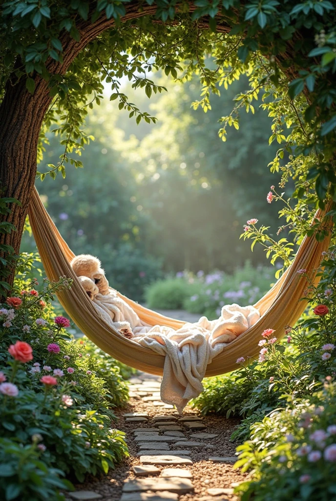 A dreamy fairytale garden with a hidden, tranquil retreat featuring a hammock gently suspended between dense, flowering shrubs. The hammock is made of soft, natural fabric and slightly sways in the breeze, inviting peaceful rest. It is nestled in a quiet corner, partially hidden by lush greenery, blooming bushes, and delicate vines. Wildflowers and ferns grow nearby, and dappled sunlight filters through the leaves, casting soft shadows on the ground. The space feels calm, secluded, and magical—perfect for reading, meditating, or simply enjoying the gentle beauty of nature.