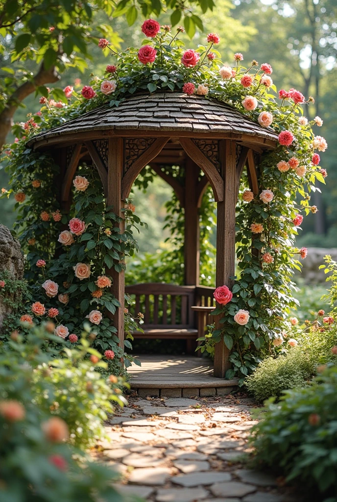 A fairytale garden with a hidden, tranquil retreat featuring a small, elegant gazebo tucked into a quiet corner. The gazebo is made of rustic wood or wrought iron, with delicate climbing roses in full bloom winding around its pillars and roof. The soft pink and red petals contrast beautifully with the lush greenery surrounding the structure. Inside, a cozy bench or chair invites peaceful rest. Dappled sunlight filters through the leaves above, casting gentle patterns on the floor. The space feels intimate, serene, and storybook-like—perfect for reading, quiet meditation, or simply enjoying the magical garden view.
