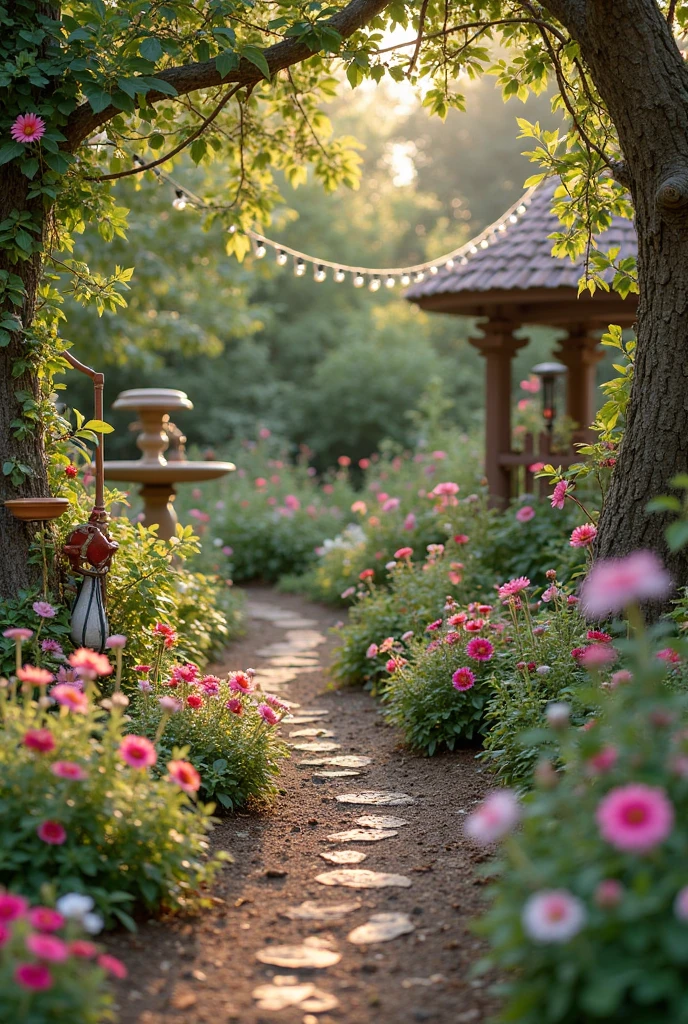 A fairytale garden in the midst of gentle upkeep, radiating both magic and care. A gardener’s touch is visible—freshly pruned plants with healthy, vibrant blooms, clean decorative elements like birdbaths and lanterns shining softly in the light. Some string lights are being adjusted or replaced, and a basket of gardening tools rests nearby. Seasonal touches—such as new flowers in bloom, freshly planted beds, or charming new ornaments—add a sense of renewal and life. The scene is lush, colorful, and enchanting, showing a garden lovingly maintained to preserve its magical atmosphere all year round.