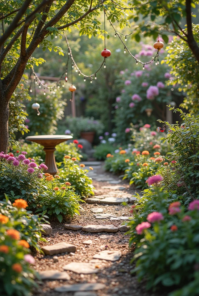 A fairytale garden in the midst of gentle upkeep, radiating both magic and care. A gardener’s touch is visible—freshly pruned plants with healthy, vibrant blooms, clean decorative elements like birdbaths and lanterns shining softly in the light. Some string lights are being adjusted or replaced, and a basket of gardening tools rests nearby. Seasonal touches—such as new flowers in bloom, freshly planted beds, or charming new ornaments—add a sense of renewal and life. The scene is lush, colorful, and enchanting, showing a garden lovingly maintained to preserve its magical atmosphere all year round.