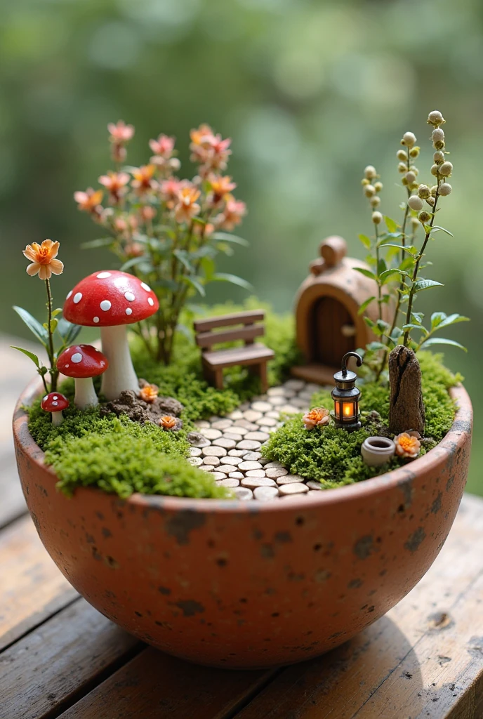 A whimsical mini fairy garden arranged inside a round ceramic pot, viewed in soft daylight. The pot is earth-toned with a slightly rustic finish, sitting on a wooden surface. Inside the pot, a tiny cobblestone path winds through lush green moss and miniature flowering plants. There are tiny toadstools with red caps and white spots, small fairy figurines with delicate translucent wings, and a tiny wooden fairy door nestled against a pebble-sized 'tree stump'. A miniature lantern glows softly beside the path, and tiny garden accessories like a bench, birdbath, and watering can are scattered around. The scene is cozy, magical, and full of intricate details, evoking the feeling of a secret enchanted world in miniature scale. Soft natural lighting, shallow depth of field, macro photography style.