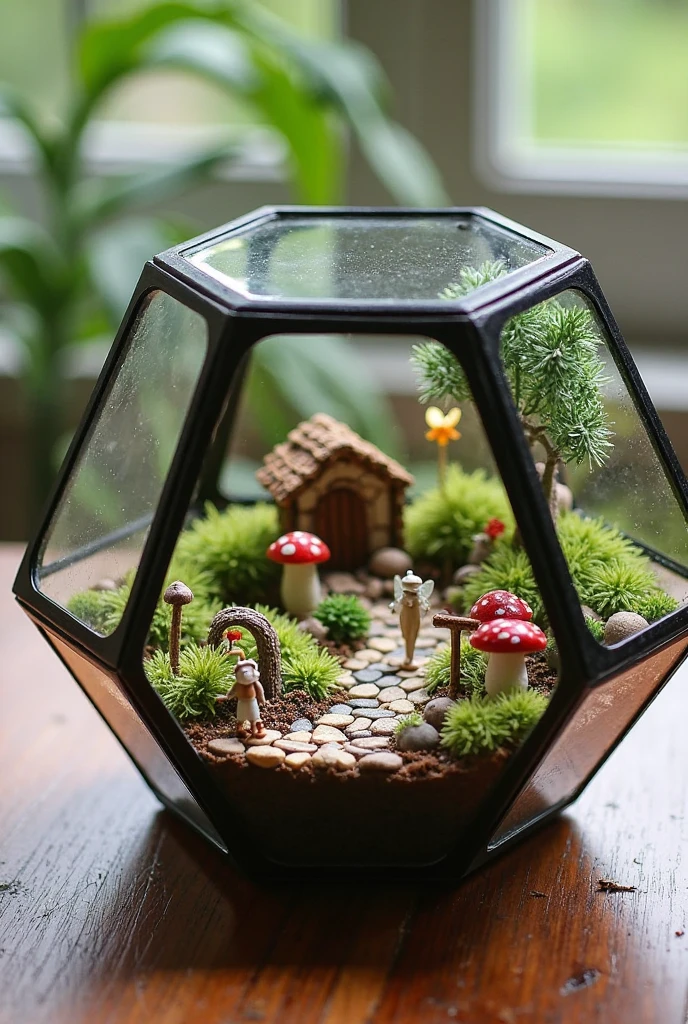 A magical mini fairy garden nestled inside an open-top glass terrarium, shaped like a geometric polygon with black metal edges and clear glass panels. The terrarium sits on a wooden table bathed in soft natural light. Inside, layers of soil, pebbles, and moss create a lush, living landscape. A tiny cobblestone path winds through miniature flowering plants, soft green moss, and delicate succulents. A tiny fairy house made from bark, twigs, and acorn caps sits near the back, partially shaded by a miniature faux tree. Red-and-white spotted toadstools grow beside the path, and a small wooden archway marks the entrance to the fairy realm. Miniature fairy figurines with gossamer wings are posed mid-step or resting on tiny stone benches. There are whimsical garden details like a lantern that softly glows, a mini wishing well, and a butterfly perched on a leaf. The open top allows light to stream in, casting gentle reflections on the glass. The scene feels enchanted, peaceful, and intricately detailed—like a hidden magical world in miniature.