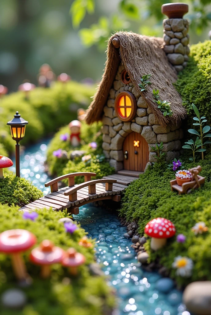 A beautifully crafted miniature fairy garden featuring a whimsical cottage nestled among lush, vibrant green moss. The tiny cottage has a curved thatched roof, stone walls with ivy creeping up the sides, a round wooden door with a tiny brass handle, and glowing windows that suggest a cozy interior. The garden is rich with texture and life — soft moss carpets the landscape, dotted with tiny wildflowers in shades of purple, yellow, and white. A winding stone path leads from the cottage to a miniature arched wooden bridge crossing over a shallow stream made of blue glass pebbles. Around the garden are charming details: tiny lanterns on poles, a rustic wooden bench, a fairy-sized wheelbarrow filled with flower pots, and delicate mushrooms with red caps and white speckles. A few fairy figurines with gossamer wings can be seen playing or resting in the garden. The scene is set outdoors in dappled sunlight, with soft natural lighting creating a dreamy, enchanted atmosphere. Every element is meticulously arranged, evoking the sense of a magical world frozen in miniature scale.