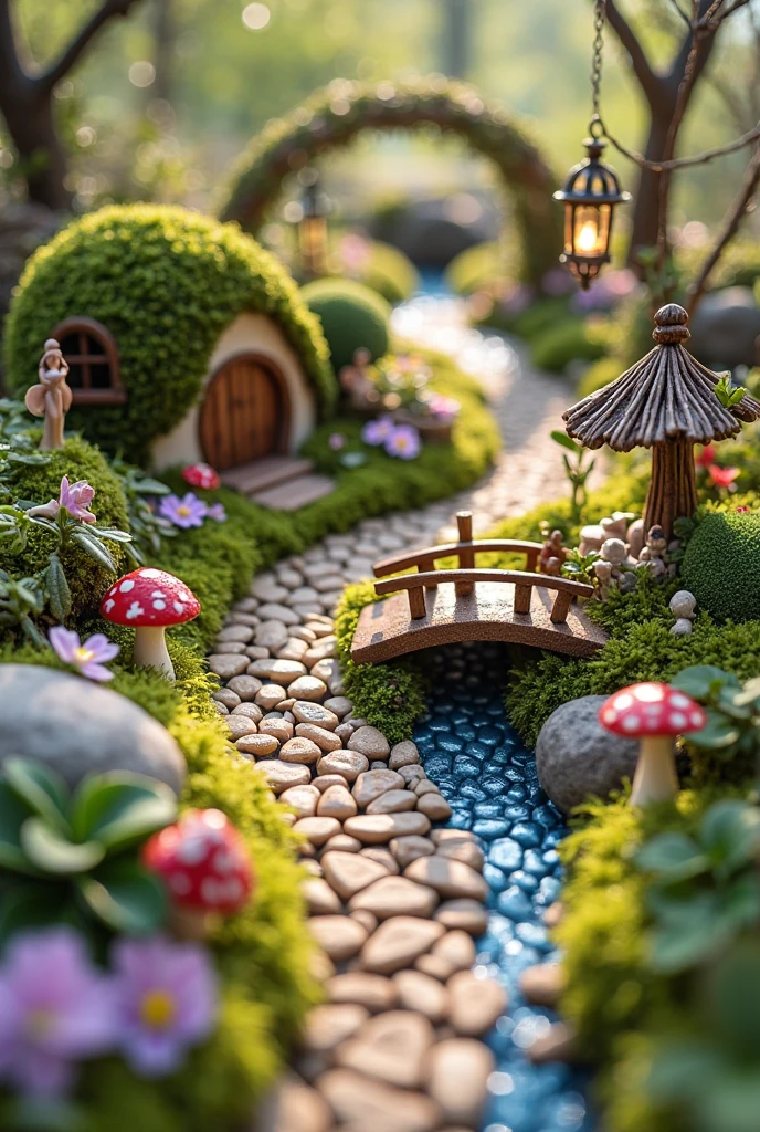 A beautifully detailed miniature fairy garden with a winding pebble path curving gently through a lush, enchanted landscape. The path is made of tiny, smooth stones in natural earth tones, bordered by soft, vibrant green moss and tiny flowering plants in shades of lavender, white, and pale pink. Alongside the path are whimsical elements: a petite fairy cottage with a moss-covered roof and a round wooden door, a tiny arched wooden bridge over a stream made of blue glass beads, and a miniature wishing well made of twigs and stone. Scattered throughout the garden are delicate red-and-white toadstools, fairy-sized benches, and ornate lanterns that appear to glow softly. Fairy figurines with translucent wings peek out from behind leaves or sit on mushroom caps, adding life to the scene. The garden is enclosed by miniature hedges and decorated with arched vine-covered trellises. Sunlight filters in softly, casting warm highlights and gentle shadows. The composition feels magical, serene, and immersive, as though it’s a hidden world frozen in time. Every element is meticulously arranged to evoke wonder and charm.