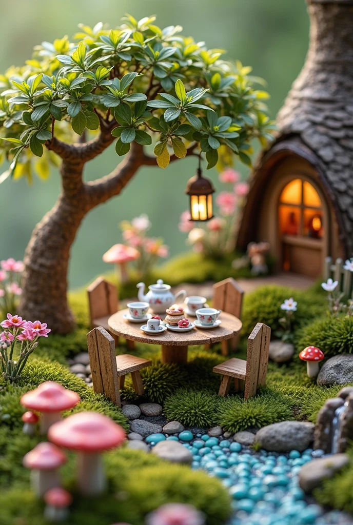 A whimsical and intricately designed miniature fairy garden centered around a charming tea party setup under a tiny, leafy tree with a curved trunk and soft green foliage. Beneath the tree's dappled canopy, a tiny circular table made of natural wood is set with miniature teacups, a tiny porcelain teapot with floral designs, and delicate fairy-sized pastries and cakes on tiered trays. Surrounding the table are four petite wooden chairs, each with soft moss cushions. The tea party scene is nestled in a lush bed of vibrant green moss, with a winding cobblestone path leading up to it. Nearby, a cozy fairy cottage with a curved roof and glowing windows peeks out from the background, surrounded by flowering plants in pastel hues. Tiny red-and-white mushrooms dot the landscape, and fairy figurines with delicate wings sit around the table mid-conversation or flutter nearby. Decorative elements include hanging lanterns made from acorns, a tiny picket fence surrounding part of the garden, and a miniature fountain trickling into a pond made of blue glass beads. Soft natural light filters through, creating a magical, enchanted atmosphere full of warmth and wonder.
