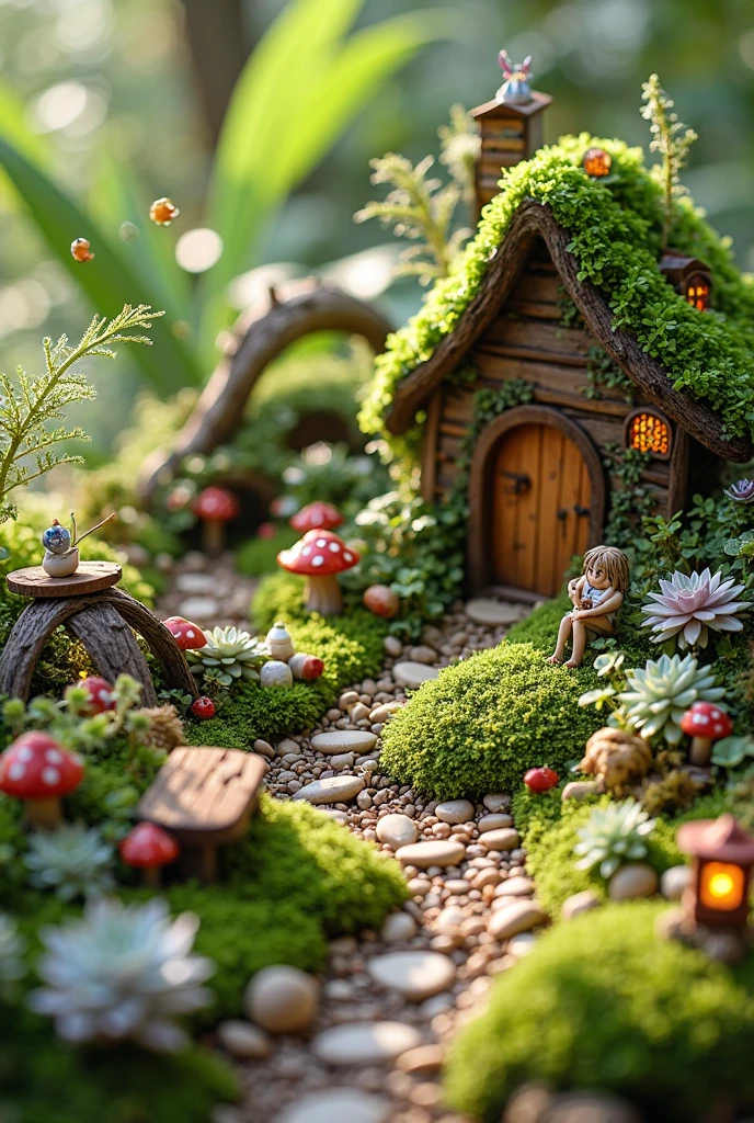 A beautifully crafted miniature fairy garden teeming with lush greenery and magical charm, designed with intricate detail and natural textures. The garden features a rich carpet of vibrant green moss serving as the primary ground cover, creating a soft, natural forest floor. Mini ferns and baby’s tears add delicate, lacy foliage around the edges and base of miniature structures, while succulents like echeveria and haworthia bring texture and variety with their rosette shapes and muted pastel hues. Miniature ivy climbs up tiny twigs and fairy house walls, adding a whimsical, overgrown feel. Air plants (tillandsia) are nestled into nooks of bark and small branches, their spiky, sculptural forms giving a wild, ethereal touch.
A winding pebble path leads to a cozy fairy cottage with a curved moss-covered roof, wooden door, and softly glowing windows. Scattered throughout are tiny red-and-white mushrooms, miniature arched bridges, a fairy-sized tea table with acorn-cap teacups, and softly glowing lanterns made from beads and wire. Fairy figurines with delicate wings can be seen playing, sitting, or flying above the garden. Decorative items like a tiny wishing well, a mossy bench, and a crystal orb on a stump add to the sense of magic. The garden is lit with soft natural sunlight filtering through leaves, casting warm dappled shadows. Every element evokes a serene, enchanted atmosphere full of wonder and natural beauty.