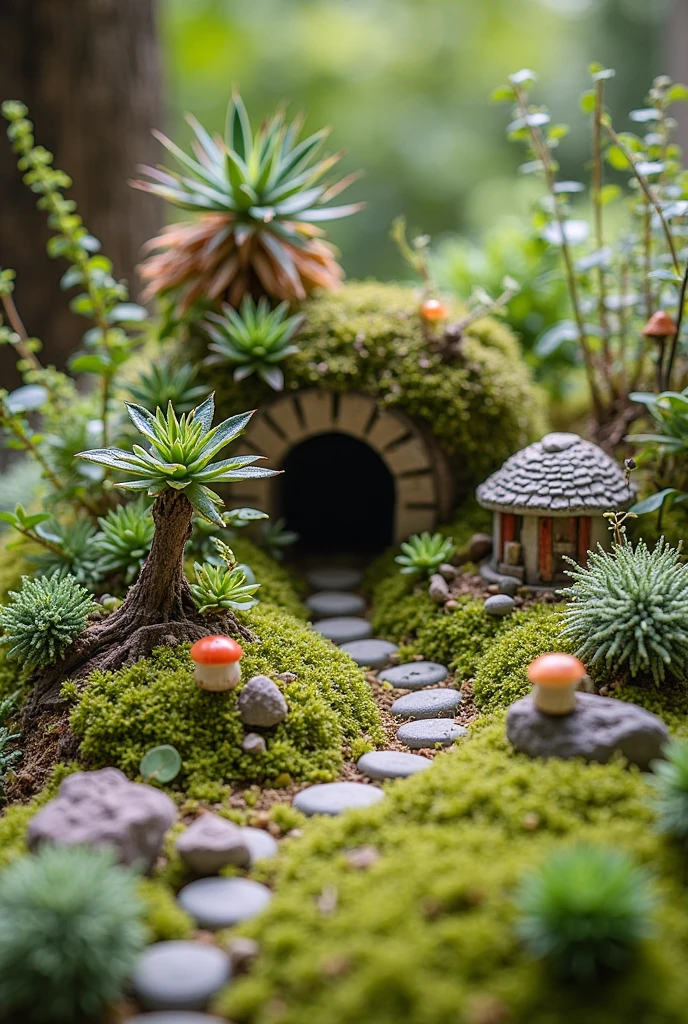 A lush miniature fairy garden designed with rich botanical detail. The ground is covered in vibrant green moss, creating a soft, natural base. Clusters of delicate mini ferns and baby’s tears add fine texture and a forest-like feel. Succulents like echeveria and haworthia bring sculptural contrast with their rosette shapes and soft pastel tones. Miniature ivy trails over tiny stones and climbs the base of a small fairy cottage, while air plants (tillandsia) nestle into bark and driftwood, adding a whimsical, wild element. A simple stone path winds through the greenery, surrounded by fairy-sized accents like toadstools and lanterns. Soft natural light enhances the textures and colors of the plants, creating a magical, serene atmosphere.