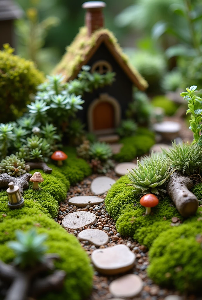 A lush miniature fairy garden designed with rich botanical detail. The ground is covered in vibrant green moss, creating a soft, natural base. Clusters of delicate mini ferns and baby’s tears add fine texture and a forest-like feel. Succulents like echeveria and haworthia bring sculptural contrast with their rosette shapes and soft pastel tones. Miniature ivy trails over tiny stones and climbs the base of a small fairy cottage, while air plants (tillandsia) nestle into bark and driftwood, adding a whimsical, wild element. A simple stone path winds through the greenery, surrounded by fairy-sized accents like toadstools and lanterns. Soft natural light enhances the textures and colors of the plants, creating a magical, serene atmosphere.