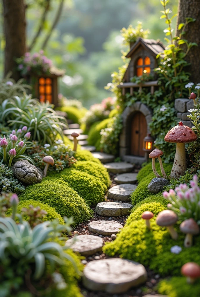 A lush miniature fairy garden with vibrant green moss as the soft ground cover. Delicate mini ferns and baby’s tears add fine, leafy texture, while succulents like echeveria and haworthia provide sculptural rosettes in soft pastel tones. Miniature ivy trails over stones and climbs a tiny fairy cottage, and air plants (tillandsia) nestle into bark and driftwood for a wild touch. Small clusters of tiny wildflowers in white, lavender, and pale pink bloom throughout, adding subtle pops of color. A winding stone path weaves through the greenery, dotted with fairy-sized toadstools and glowing lanterns. Soft natural light highlights the rich textures and colors, creating a magical, peaceful scene.