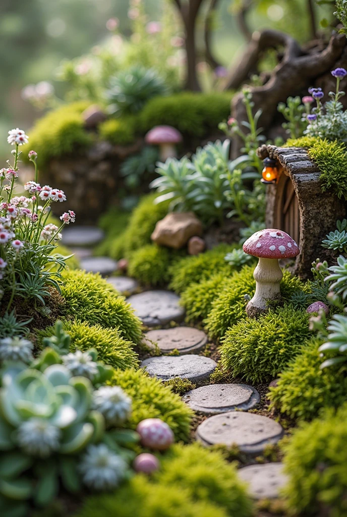 A lush miniature fairy garden with vibrant green moss as the soft ground cover. Delicate mini ferns and baby’s tears add fine, leafy texture, while succulents like echeveria and haworthia provide sculptural rosettes in soft pastel tones. Miniature ivy trails over stones and climbs a tiny fairy cottage, and air plants (tillandsia) nestle into bark and driftwood for a wild touch. Small clusters of tiny wildflowers in white, lavender, and pale pink bloom throughout, adding subtle pops of color. A winding stone path weaves through the greenery, dotted with fairy-sized toadstools and glowing lanterns. Soft natural light highlights the rich textures and colors, creating a magical, peaceful scene.