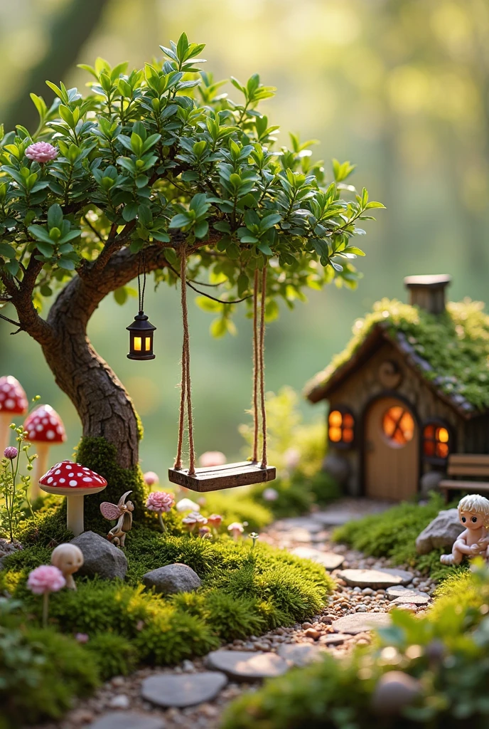 A charming miniature fairy garden centered around a delicate wooden swing hanging from the branch of a tiny, leafy tree with a slender trunk and lush green foliage. The swing is made of a small wooden plank suspended by thin ropes, gently swaying above a soft carpet of vibrant green moss. Surrounding the tree are clusters of miniature flowering plants in pastel colors, tiny ferns, and patches of baby’s tears adding lush texture. A winding pebble path curves through the garden, leading to a quaint fairy cottage with a moss-covered roof, round wooden door, and glowing windows. Scattered throughout are whimsical details like red-and-white spotted mushrooms, miniature lanterns hanging from branches, a tiny wooden bench, and fairy figurines with translucent wings playing or resting nearby. Soft natural sunlight filters through the leaves, casting warm, dappled shadows and creating a magical, peaceful atmosphere.