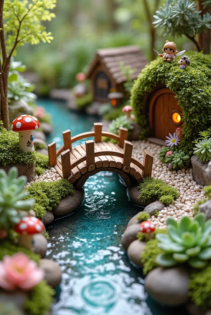 A beautifully crafted miniature fairy garden featuring a tiny arched wooden bridge crossing over a small, winding river made of shimmering blue glass beads. The river gently curves through the garden, bordered by smooth pebbles and patches of soft green moss. On either side of the bridge, lush greenery includes miniature ferns, baby’s tears, and a variety of succulents like echeveria and haworthia. Tiny flowering plants in pale pink, lavender, and white add pops of color throughout the scene.
The garden includes a fairy cottage with a curved, moss-covered roof, stone walls, and a round wooden door glowing from within. A pebble path winds from the bridge to the cottage, passing whimsical details like red-and-white toadstools, tiny lanterns, and a fairy-sized bench. Miniature ivy climbs over stones and small archways, while air plants are nestled in bark or perched on rocks. Fairy figurines with delicate wings can be seen walking across the bridge or sitting nearby. Soft natural sunlight filters in, creating gentle reflections on the water and casting warm, magical shadows across the scene.