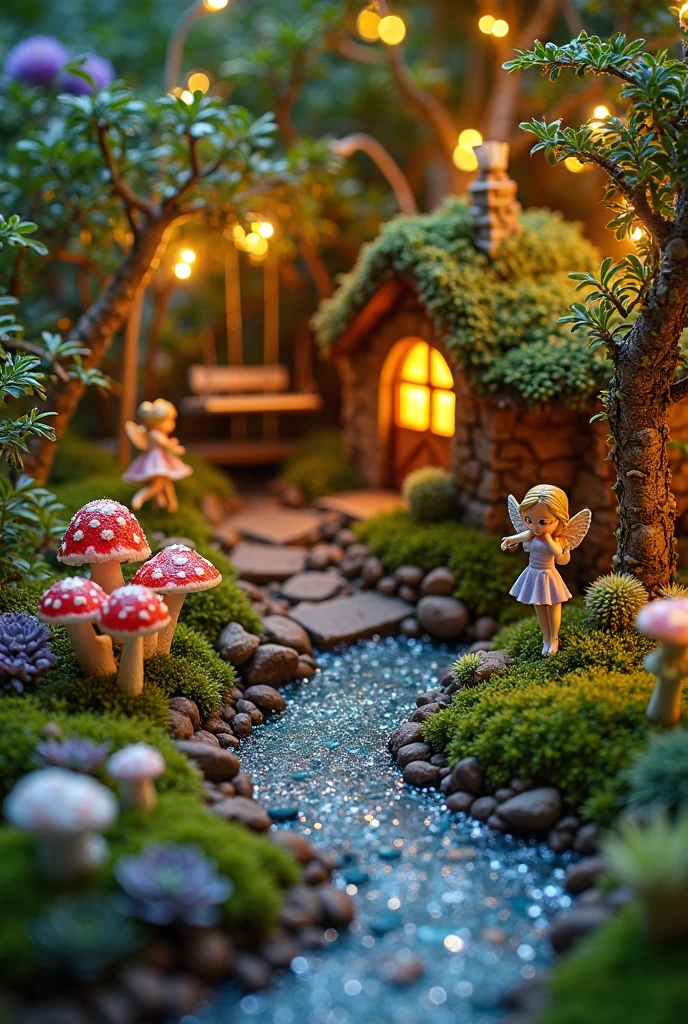 A magical miniature fairy garden illuminated at night, glowing softly with warm LED fairy lights woven through miniature trees and arched trellises. The garden is filled with lush green moss for ground cover, surrounded by clusters of tiny ferns, succulents like echeveria and haworthia, and miniature ivy trailing over tiny stones and structures. Sparkling glitter is lightly sprinkled across the moss and plants, mimicking the appearance of glowing fairy dust under the soft lights, adding a shimmering, ethereal effect.
At the center is a tiny fairy cottage with a moss-covered roof and glowing windows, surrounded by delicate red-and-white mushrooms and flowering plants in lavender, blush pink, and white. A stone path leads through the garden, passing whimsical touches like a miniature swing hanging from a tree, a small wooden bridge over a river of blue glass beads, and fairy figurines frozen mid-flight with trails of glitter behind them. The entire scene is bathed in a soft, dreamlike glow from the fairy lights, creating a peaceful, enchanted nighttime atmosphere.