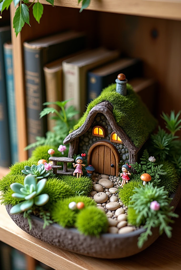 A charming miniature fairy garden carefully arranged on a wooden bookshelf, nestled between stacks of old books and decorative trinkets. The garden is planted in a shallow ceramic tray or wooden box, with soft, vibrant green moss forming the main ground cover. Mini ferns and baby’s tears spill gently over the edges, while small succulents like echeveria and haworthia add visual texture. A few sprigs of miniature ivy trail along the shelf, intertwining subtly with nearby books and decor.
At the center of the garden is a tiny fairy cottage made of natural materials—twigs, bark, and moss—with a rounded wooden door and tiny glowing windows. A winding pebble path leads to the door, bordered by clusters of tiny mushrooms and pastel wildflowers. Fairy figurines with delicate wings rest among the plants, and miniature elements like a wooden bench, acorn lanterns, and a fairy-sized swing add whimsy. Sprinkles of glitter mimic fairy dust, catching the warm ambient light from the room or nearby string lights.
Books in earthy tones and vintage bindings surround the garden, enhancing the cozy, magical atmosphere. The scene feels like a hidden forest tucked into a quiet indoor space, blending the wonder of nature with the warmth of a booklover’s retreat.