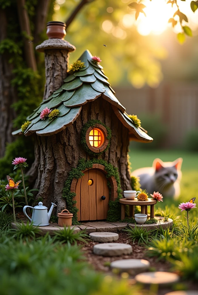 A charming fairy house nestled in a quiet backyard garden during golden hour. The fairy house is built at the base of a tree stump or nestled among flower beds, crafted from natural materials like bark, twigs, pebbles, and moss. It features a tiny arched wooden door, miniature windows with glowing lantern light inside, and a whimsical chimney puffing out gentle curls of smoke. The roof is made from layered leaves or acorn caps, with delicate fairy-sized furniture scattered around — a tiny table with teacups, a hammock made from spider silk, and stepping stones leading to the entrance. Surrounding the house are everyday backyard items like a watering can, children's toys, a garden hose, and a birdbath — all appearing oversized from the fairy perspective. Butterflies and bees flutter nearby, and a cat lounges curiously in the background.