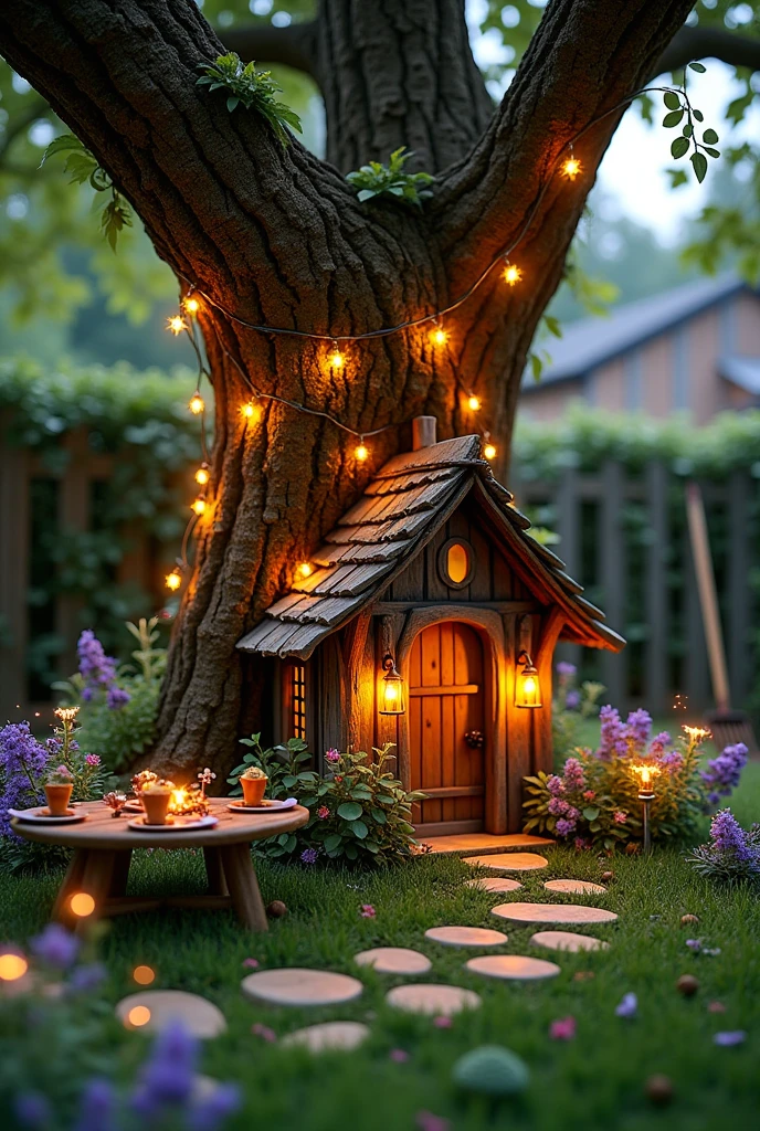 A magical fairy house tucked beneath the roots of an old tree at the edge of a backyard, transformed into a glowing woodland gathering spot. The house is shaped like a miniature Tudor cottage, with tiny timber-framed walls, a roof made of overlapping flower petals, and dainty lanterns hanging from curling vines. Around the house, fairy lights are strung between twigs like festive garlands, casting a soft amber glow. A tiny wooden table set for a party is decorated with acorn cups, rose-petal plates, and a centerpiece of wild berries. Fireflies dot the scene, and tiny glowing footprints shimmer in the grass. A ring of smooth stones forms a fairy circle nearby, surrounded by blooming lavender and clover. The background hints at a 's sandbox, a rake leaned against the fence, and a pair of rainboots left behind — adding a sense of scale and charm