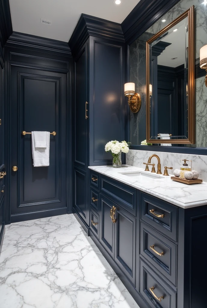 A luxurious bathroom featuring deep navy blue cabinetry or walls paired with pristine white marble countertops and tiles. The rich navy tones contrast elegantly with the smooth, veined marble surfaces, creating a high-end, sophisticated atmosphere. Polished fixtures and soft lighting enhance the sense of elegance and luxury, blending classic refinement with modern style