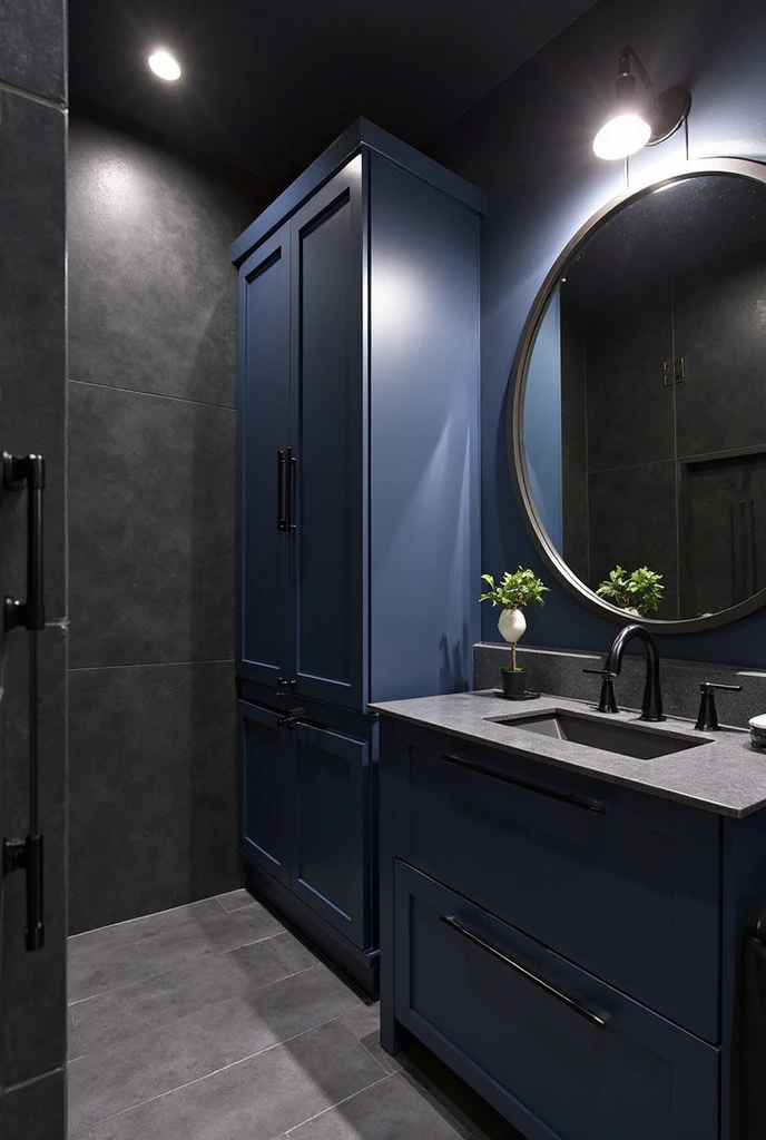 A contemporary bathroom featuring a bold combination of navy blue surfaces and matte black finishes. Navy walls or cabinetry provide a deep, rich backdrop, while matte black fixtures, hardware, and accents add a sleek, modern edge. The design exudes a strong, masculine energy with clean lines, minimalistic decor, and strategic lighting that highlights the contrast between the deep navy and the striking black elements. The overall atmosphere is bold, stylish, and distinctly modern.