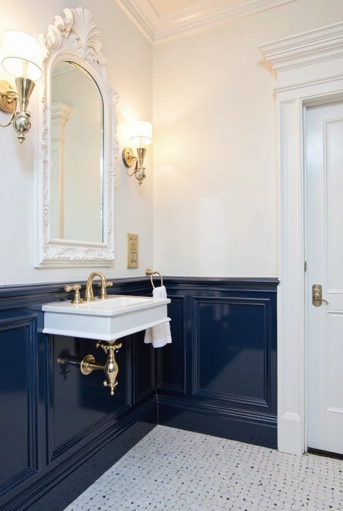 A refined bathroom featuring navy blue tile wainscoting along the lower walls, topped with crisp white paint and elegant molding. The deep navy tiles add color and texture, creating a sophisticated base, while the white upper walls and decorative molding provide a clean, classic contrast. The design feels timeless and polished, blending traditional elements with a modern color twist. Soft, warm lighting highlights the rich tones and intricate details of the space