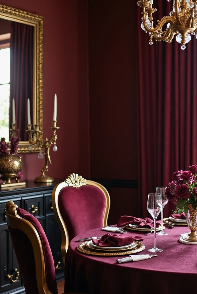 An elegant, moody dining room featuring a rich burgundy color scheme paired with metallic gold accents. The walls or key decor elements are deep burgundy, creating a luxurious and intimate atmosphere. Decorative gold candleholder and an ornate mirror frame add a regal, opulent touch. The dining table is set with tasteful accessories, possibly including burgundy napkins, gold-trimmed plates, and velvet upholstered chairs. The overall vibe is sophisticated, dramatic, and richly styled, perfect for upscale dining.