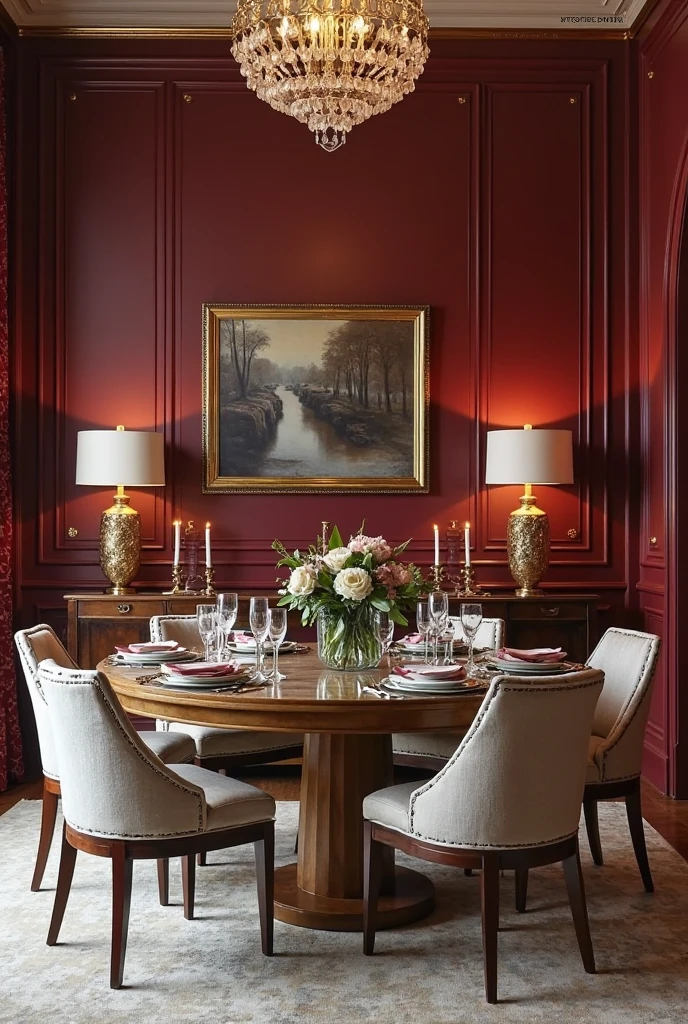 An elegant, moody dining room featuring a rich burgundy color scheme paired with metallic gold accents. The walls or key decor elements are deep burgundy, creating a luxurious and intimate atmosphere. Decorative gold candleholder and an ornate mirror frame add a regal, opulent touch. The dining table is set with tasteful accessories, possibly including burgundy napkins, gold-trimmed plates, and velvet upholstered chairs. The overall vibe is sophisticated, dramatic, and richly styled, perfect for upscale dining.
