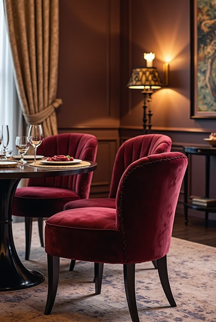 A luxurious dining room showcasing plush burgundy velvet dining chairs as the focal point. The chairs exude elegance and sophistication, with their soft velvet texture enhancing the richness of the deep burgundy hue. The space is styled to complement the opulence of the seating, with warm lighting, a stylish dining table, and subtle accents like tasteful wall art or a textured rug. The overall atmosphere is inviting, rich, and refined, perfect for upscale entertaining or intimate dinners.