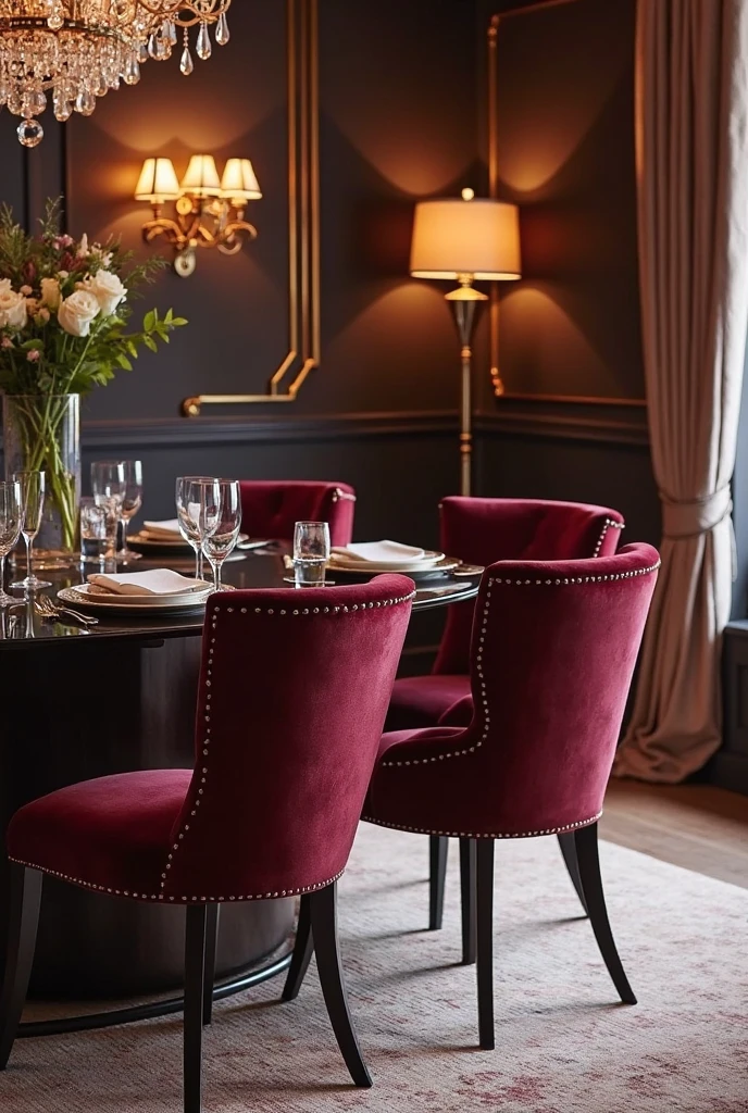 A luxurious dining room showcasing plush burgundy velvet dining chairs as the focal point. The chairs exude elegance and sophistication, with their soft velvet texture enhancing the richness of the deep burgundy hue. The space is styled to complement the opulence of the seating, with warm lighting, a stylish dining table, and subtle accents like tasteful wall art or a textured rug. The overall atmosphere is inviting, rich, and refined, perfect for upscale entertaining or intimate dinners.