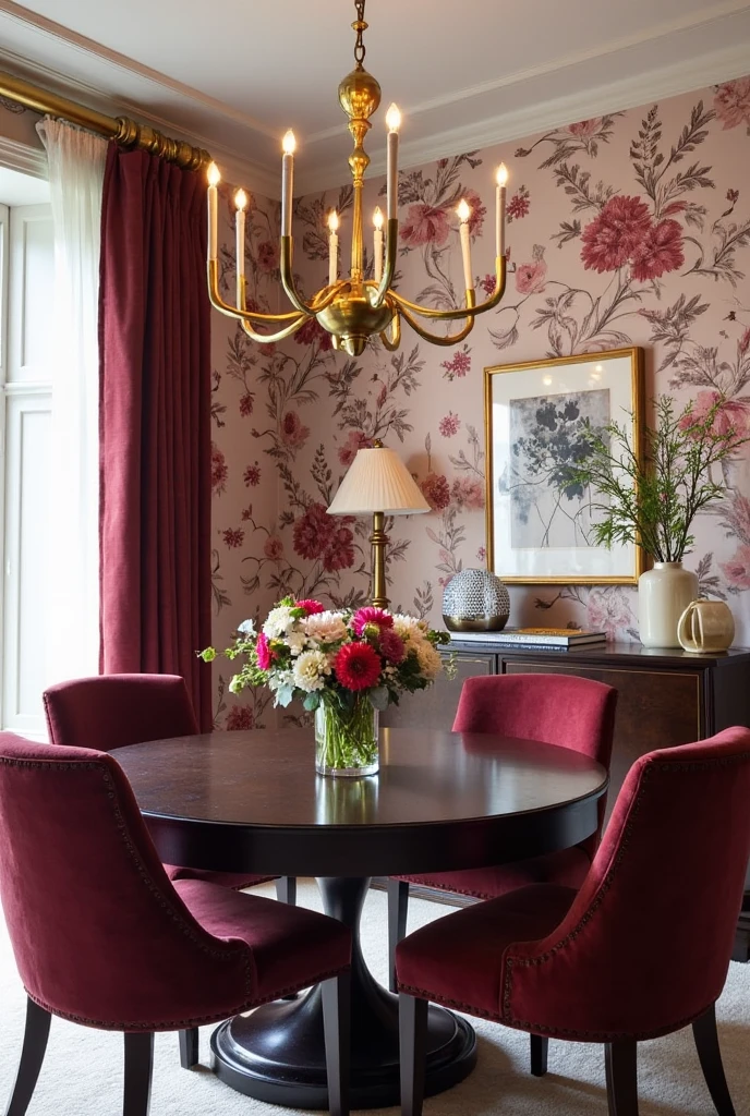 A charming and elegant dining room featuring floral wallpaper with burgundy accents. The wallpaper showcases intricate botanical patterns with burgundy flowers or foliage, adding visual interest and a touch of romance to the space. The floral design breaks up solid color blocks while maintaining a cohesive burgundy-themed palette. The room includes complementary elements like burgundy velvet chairs, a dark wood dining table, and soft ambient lighting. Gold or brass accents, a centerpiece with flowers, and light-colored trim or curtains balance the bold, patterned backdrop for a refined and inviting atmosphere.