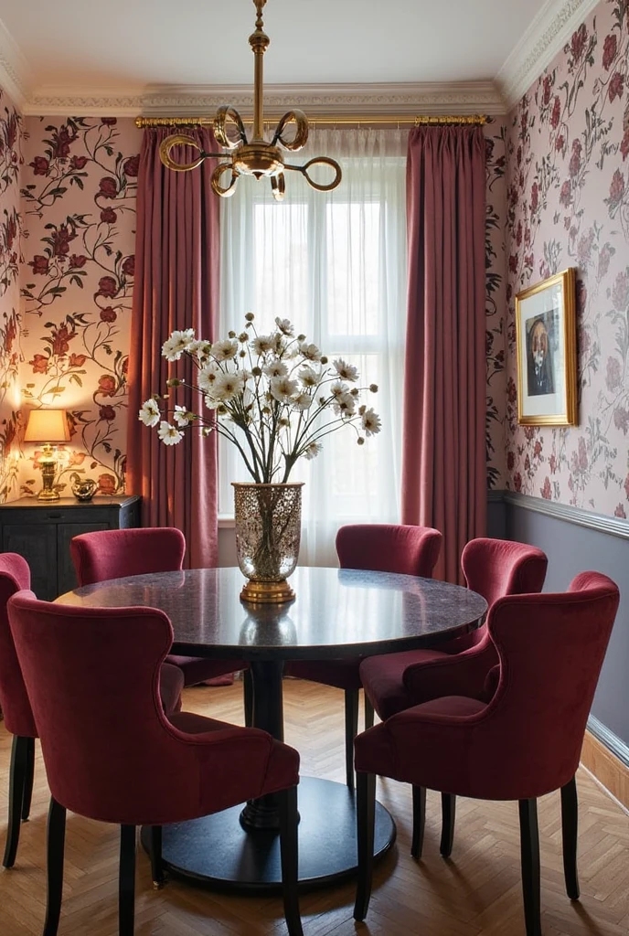 A charming and elegant dining room featuring floral wallpaper with burgundy accents. The wallpaper showcases intricate botanical patterns with burgundy flowers or foliage, adding visual interest and a touch of romance to the space. The floral design breaks up solid color blocks while maintaining a cohesive burgundy-themed palette. The room includes complementary elements like burgundy velvet chairs, a dark wood dining table, and soft ambient lighting. Gold or brass accents, a centerpiece with flowers, and light-colored trim or curtains balance the bold, patterned backdrop for a refined and inviting atmosphere.