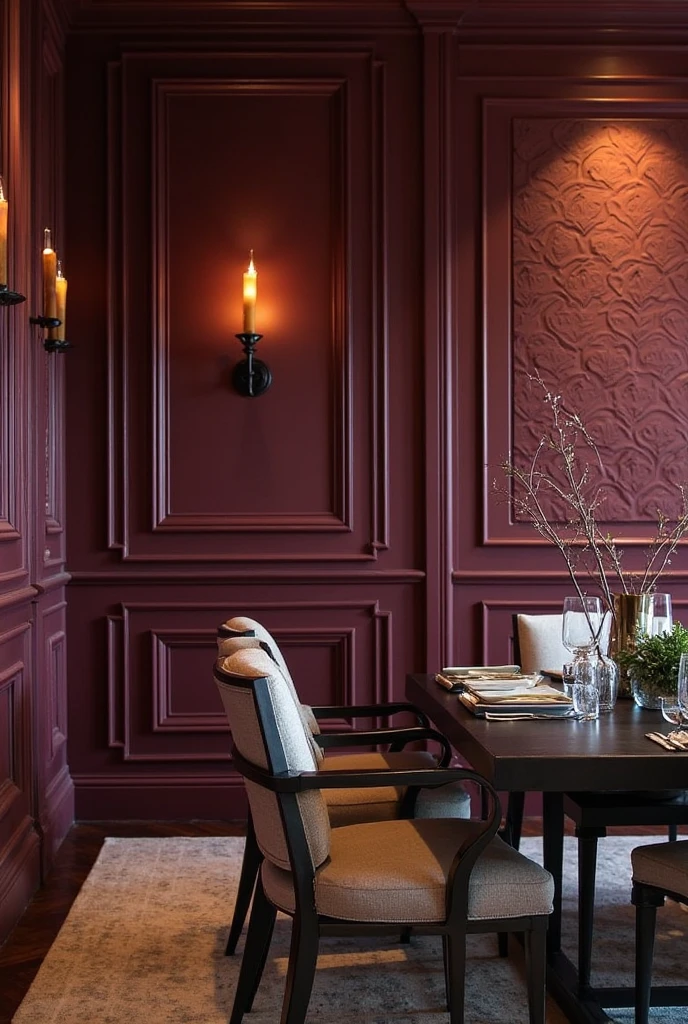 A sophisticated dining room featuring textured wall treatments in rich burgundy tones. The walls showcase dimensional elements such as elegant wall paneling that add depth and character to the space. The textured surfaces subtly catch and reflect warm ambient lighting, enhancing the moody, luxurious atmosphere. The room includes complementary decor such as a dark wood dining table and upholstered chairs. The overall aesthetic is refined, layered, and rich in visual interest.