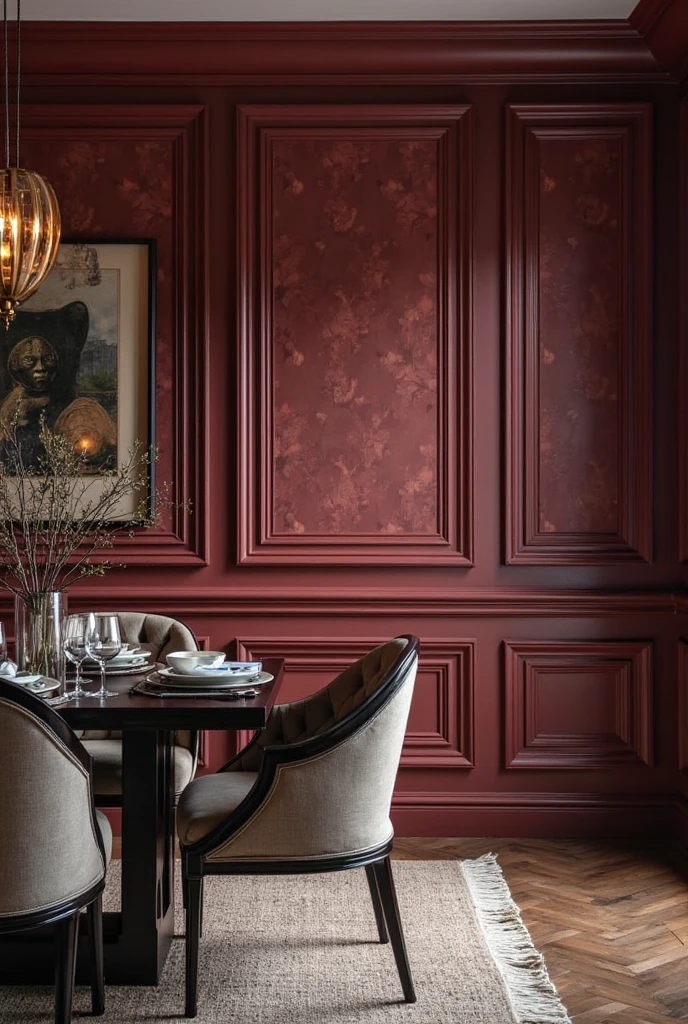 A sophisticated dining room featuring textured wall treatments in rich burgundy tones. The walls showcase dimensional elements such as elegant wall paneling that add depth and character to the space. The textured surfaces subtly catch and reflect warm ambient lighting, enhancing the moody, luxurious atmosphere. The room includes complementary decor such as a dark wood dining table and upholstered chairs. The overall aesthetic is refined, layered, and rich in visual interest.