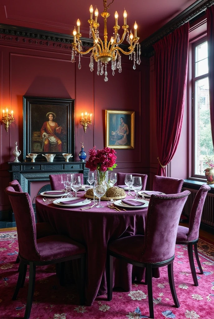 A luxurious, moody dining room designed with a rich jewel-toned palette, featuring burgundy as the primary color and deep purple as a striking complement. Burgundy walls, curtains, or upholstered furniture are paired with accents in deep purple—such as chair cushions, artwork, or table settings—creating a dramatic and cohesive look. The room includes dark wood or black furniture, soft ambient lighting from a chandelier and wall sconces, and elegant metallic details in gold or brass. Plush textures like velvet and layered decor elements add depth and sophistication to the space, perfect for an intimate, high-style dining experience.