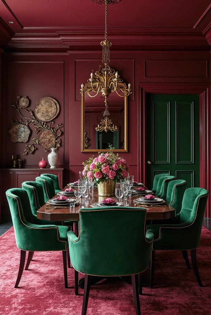 A richly styled dining room featuring a moody, jewel-toned color palette. Burgundy is the dominant hue, beautifully complemented by deep emerald green accents—such as upholstered chairs or wall decor. The room exudes opulence and depth, with layered textures like velvet, dark wood, and metallic finishes. The overall aesthetic is bold, atmospheric, and perfect for elegant, intimate gatherings