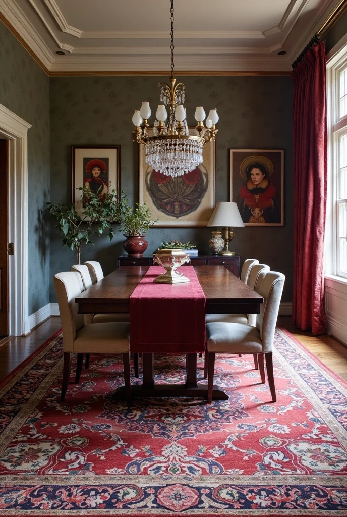 A stylish dining room anchored by a vintage rug with intricate patterns featuring burgundy tones. The rug adds warmth, texture, and a touch of timeless elegance to the space, pulling together the room’s color palette. Surrounding the rug is a dark wood dining table with upholstered chairs, complemented by burgundy accents throughout—such as curtains, wall art, or table decor. The overall design blends classic charm with moody sophistication, enhanced by soft, layered lighting from a chandelier. The space feels cohesive, inviting, and full of character.