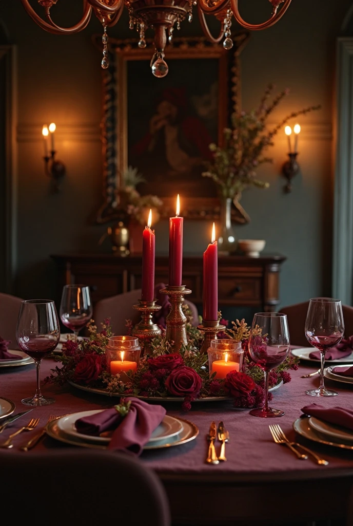 A moody, elegant dining room featuring a candlelit centerpiece with burgundy candleholder as the focal point. The soft, flickering candlelight casts a warm, romantic glow, enhancing the richness of the burgundy tones and creating an intimate ambiance. The dining table is styled simply yet tastefully, with dark wood and muted tones that let the centerpiece stand out. The room includes complementary elements like deep-colored textiles and subtle metallic accents. The overall atmosphere is cozy, sophisticated, and perfect for evening dining.