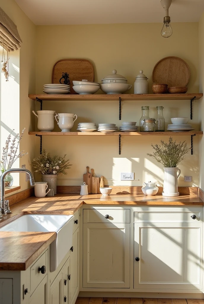 A charming French-country kitchen with soft lemon cream walls that create a fresh and inviting atmosphere. The kitchen features rustic wood countertops with a natural, slightly weathered finish, adding warmth and character. Open wooden shelving displays ceramic dishes, glass jars, and vintage cookware, enhancing the cozy, lived-in feel. Include farmhouse-style details such as a ceramic farmhouse sink, wrought iron accents, and a vase of fresh wildflowers. Warm natural lighting filters in through a nearby window, casting soft shadows. The overall vibe is bright, rustic, and welcoming. Interior photography, natural light, 4K, cozy and elegant aesthetic, countryside charm.